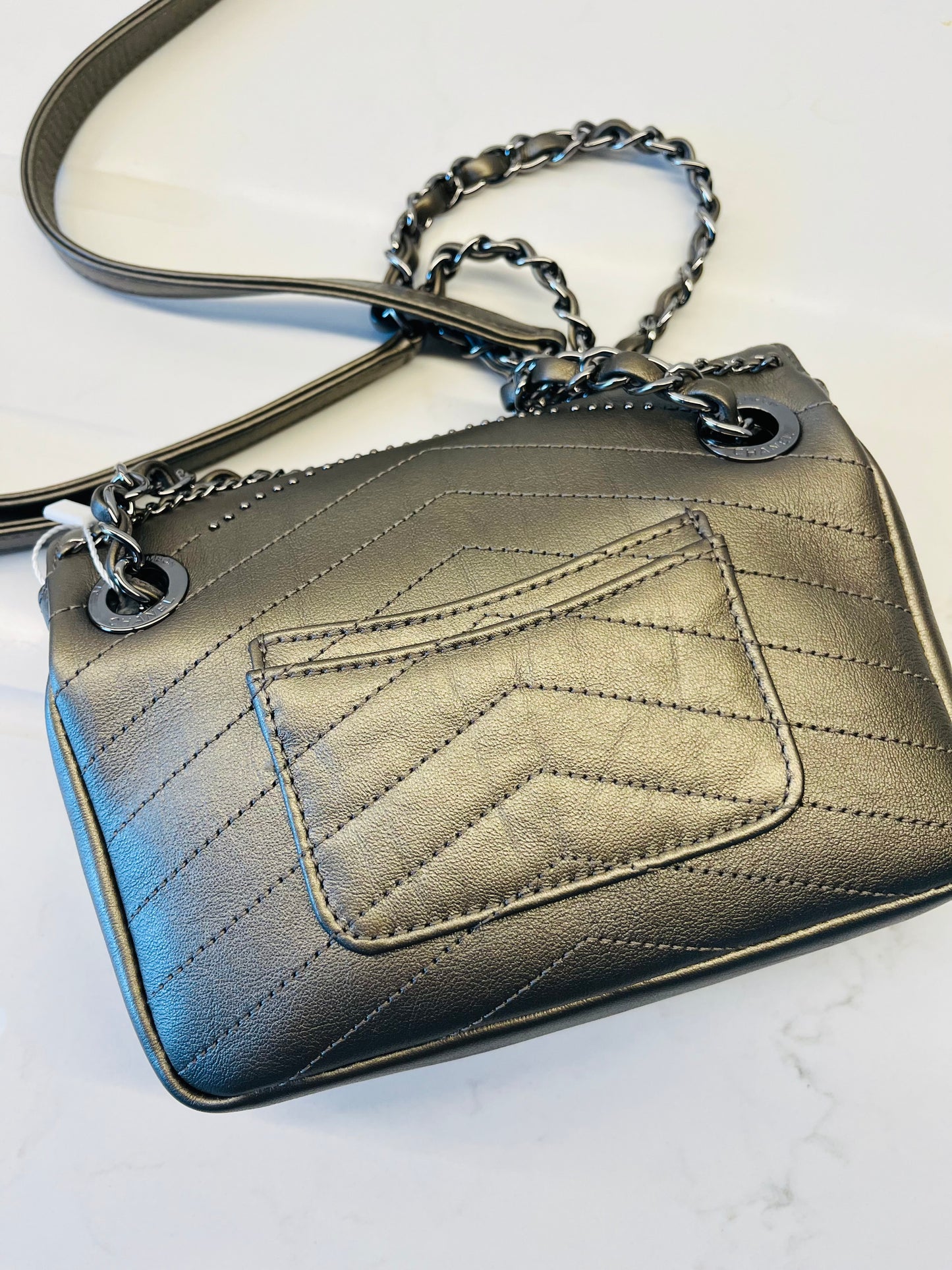 CHANEL chevron flap square embellished