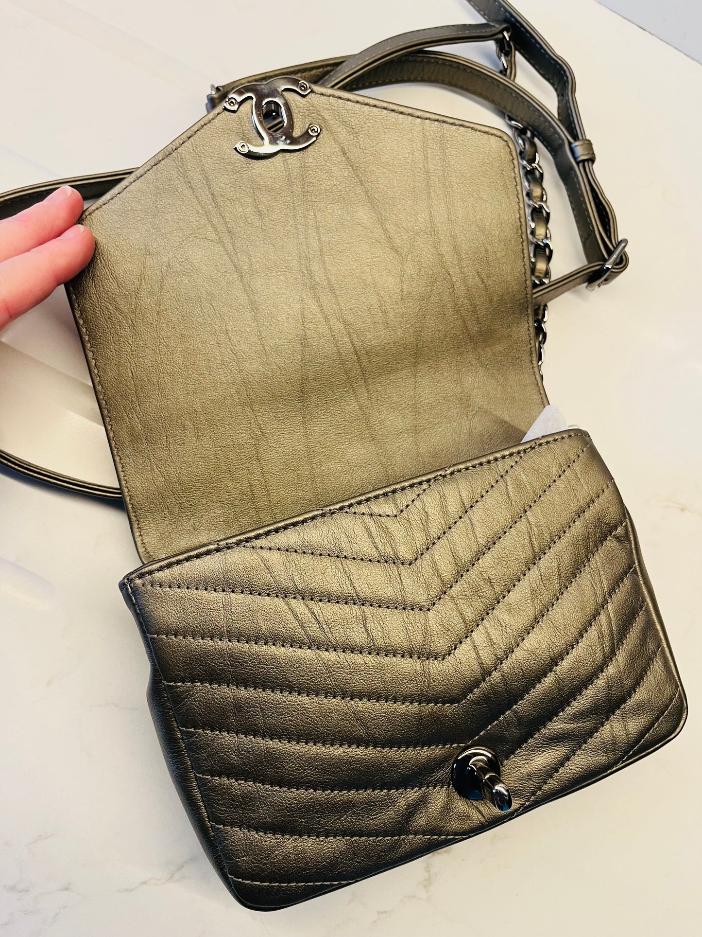 CHANEL chevron flap square embellished