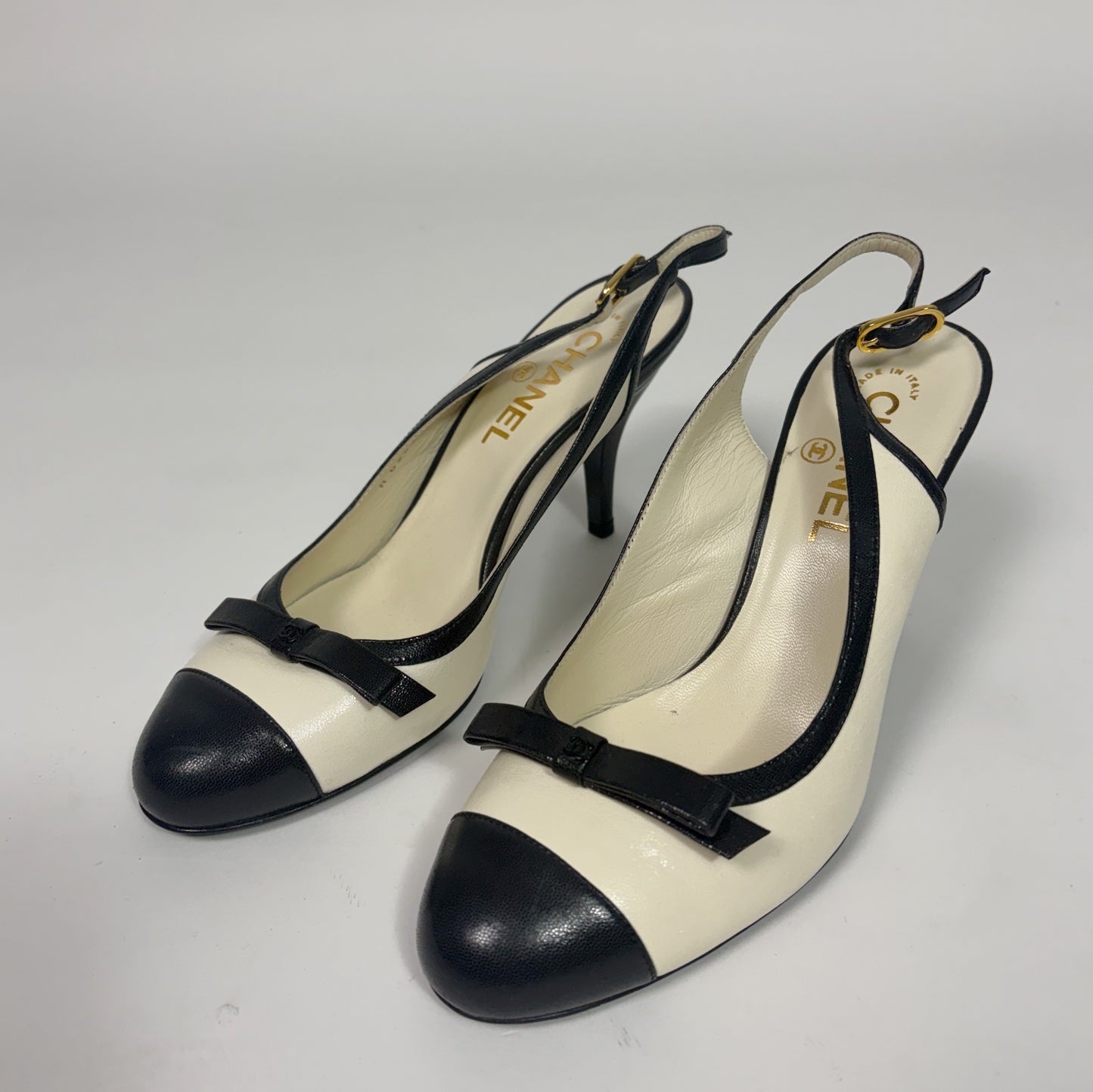 Chanel Black and Beige Cap-Toe Slingback Pumps