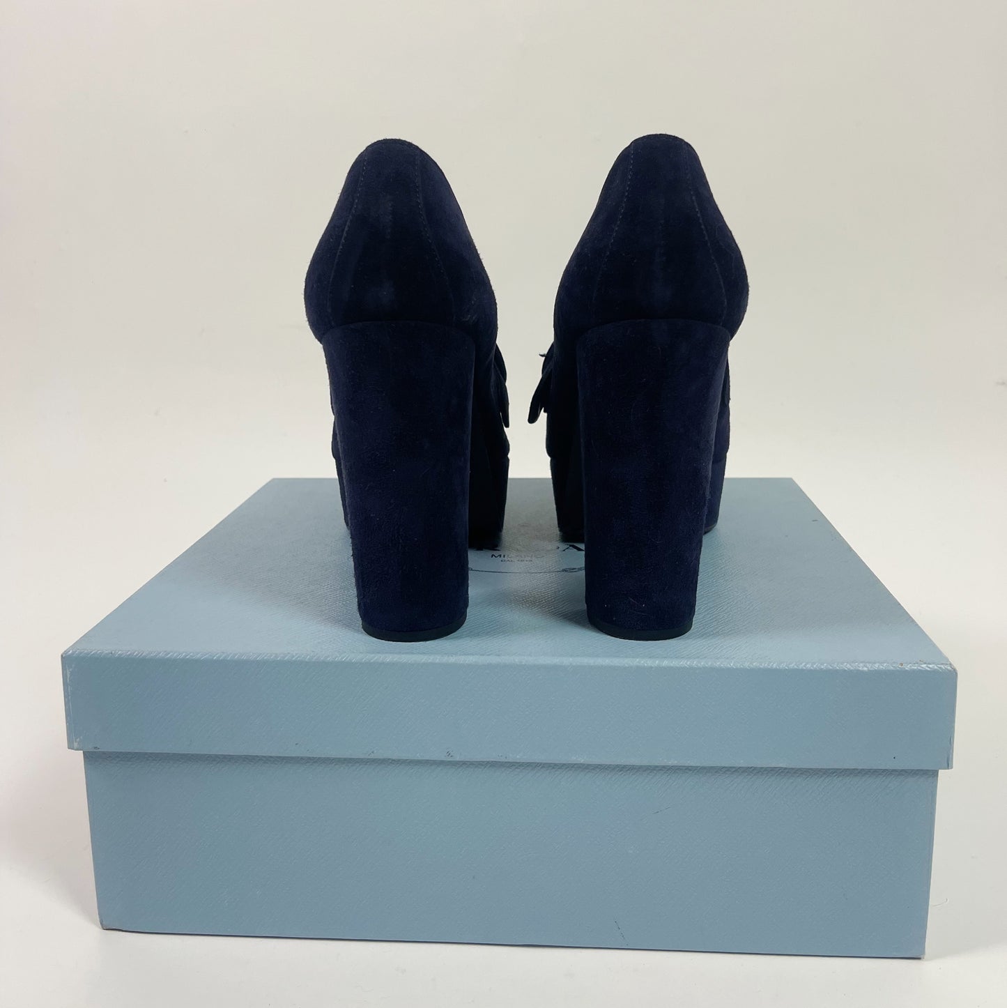 Prada Navy Blue Suede Fringe Platform Loafer Pumps