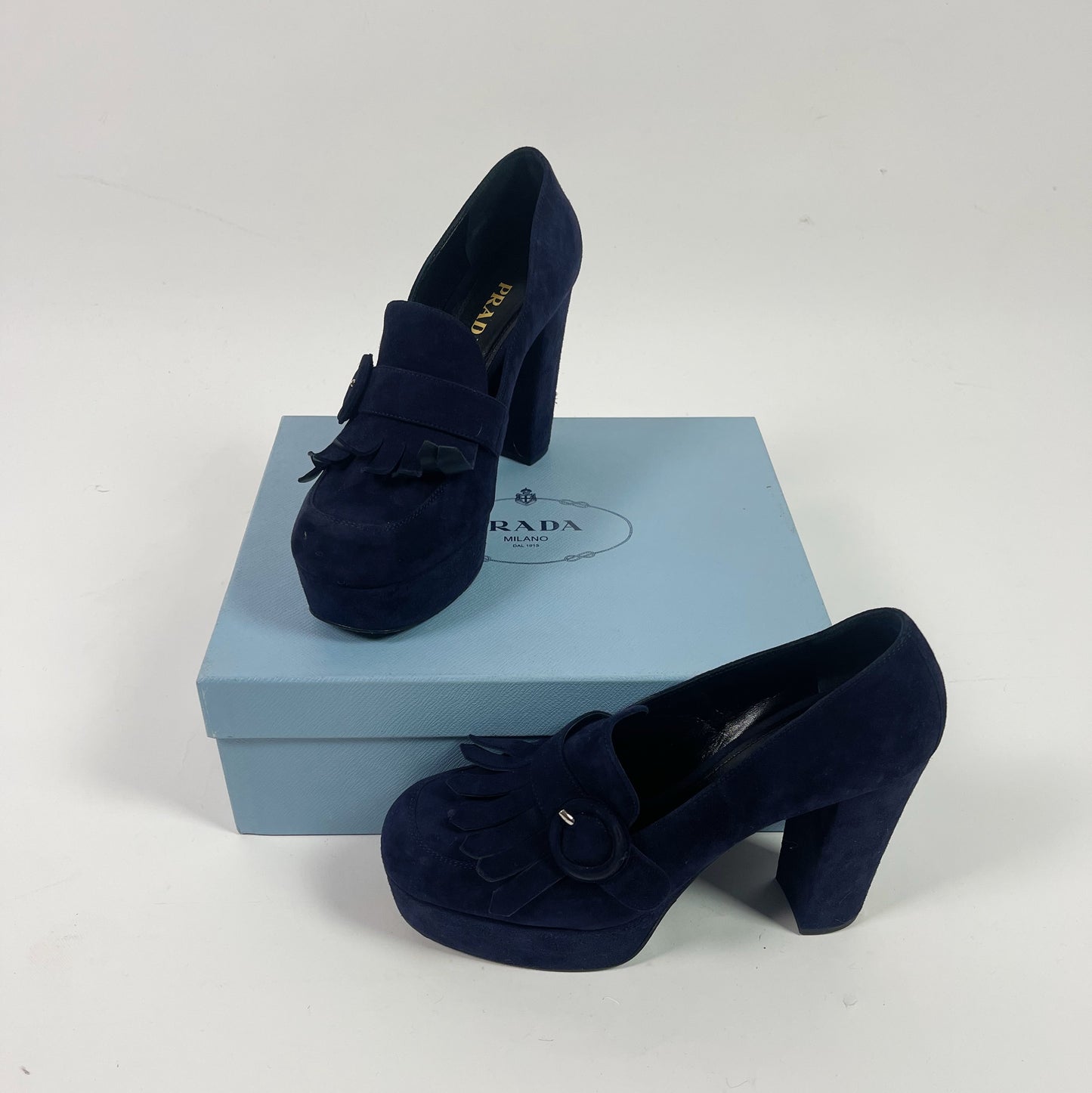 Prada Navy Blue Suede Fringe Platform Loafer Pumps