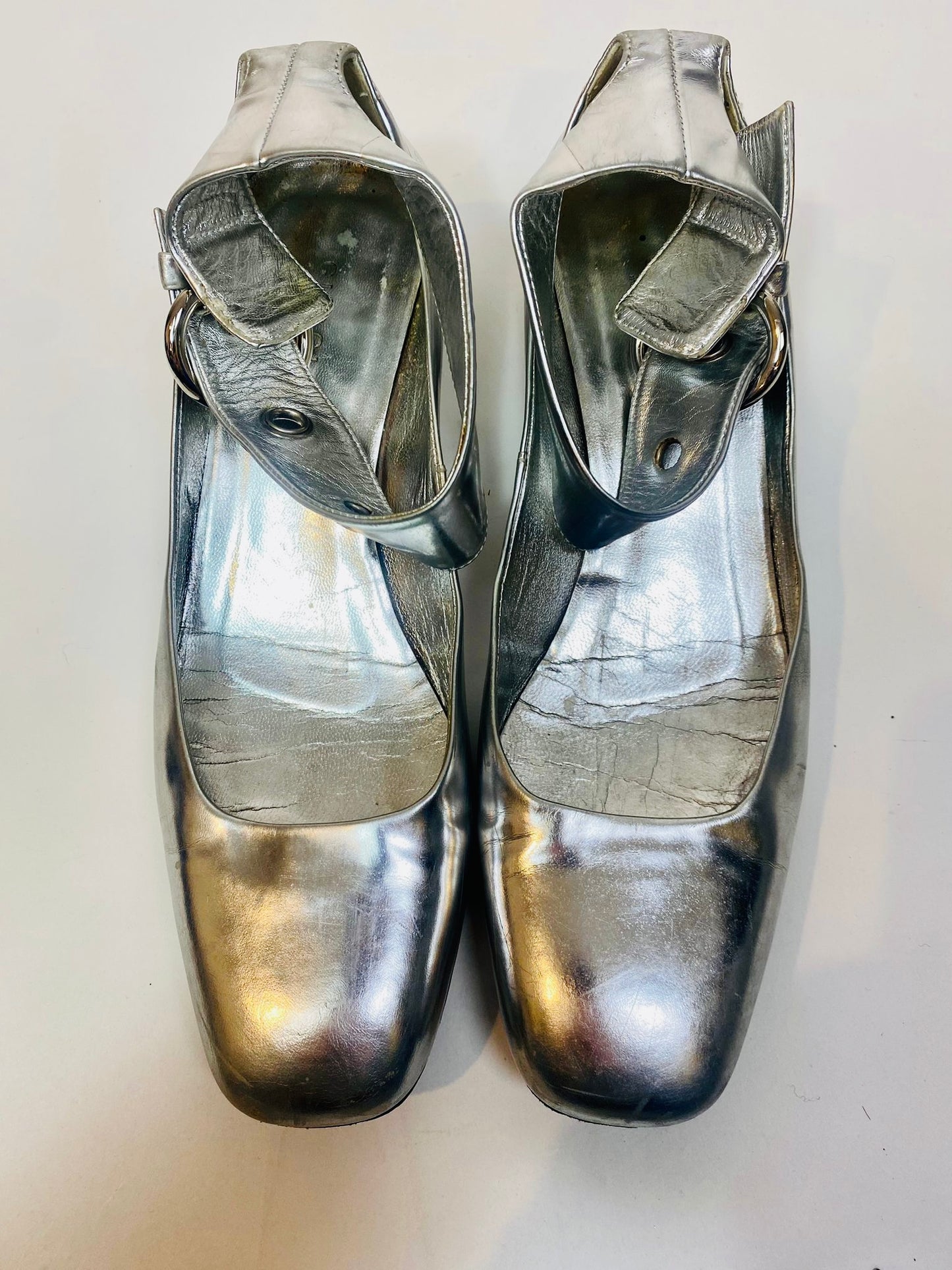 Gucci ankle strap silver heels