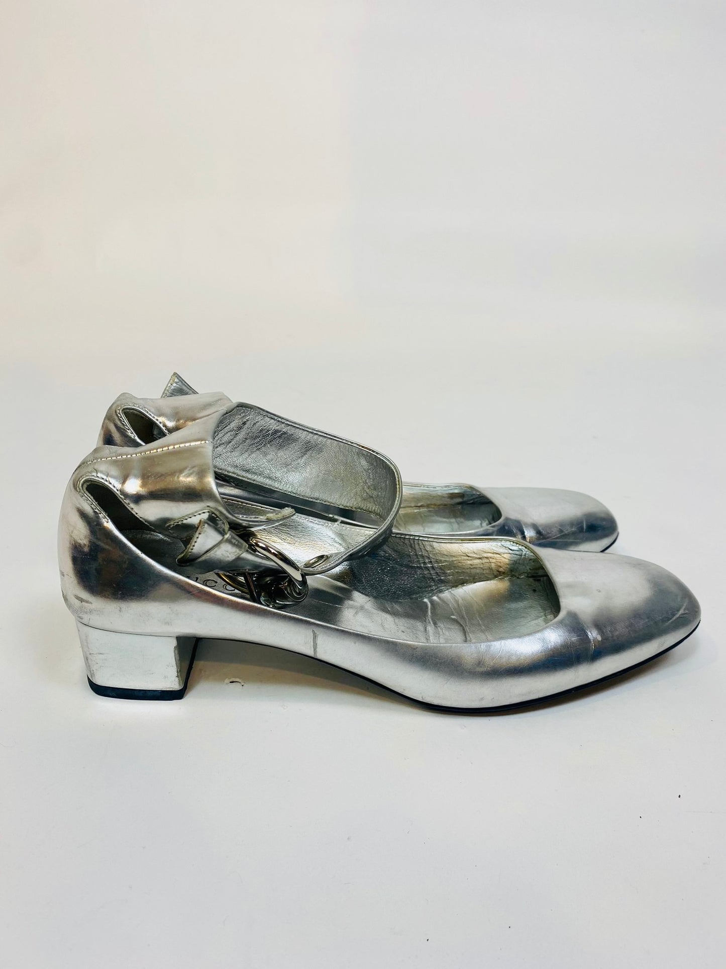 Gucci ankle strap silver heels