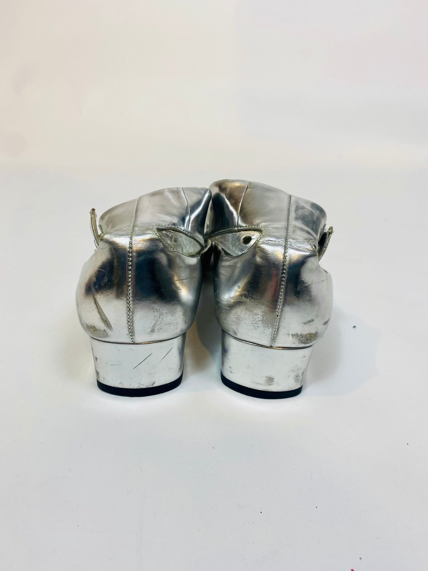 Gucci ankle strap silver heels