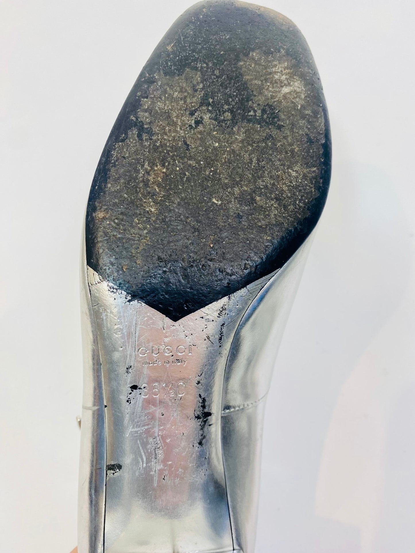 Gucci ankle strap silver heels