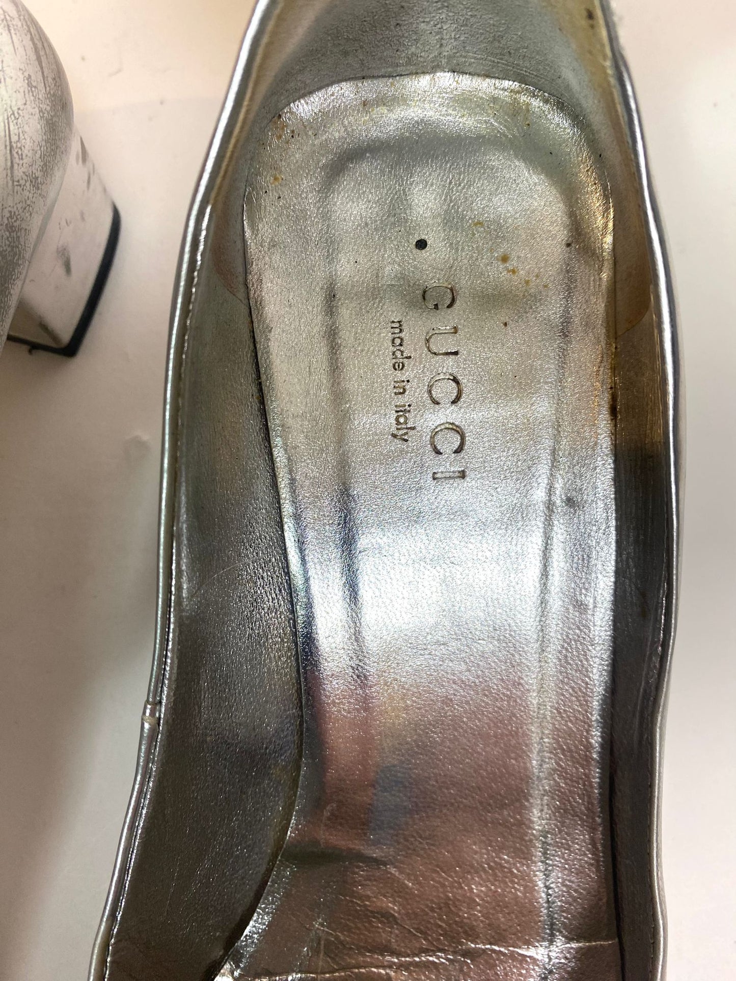 Gucci ankle strap silver heels