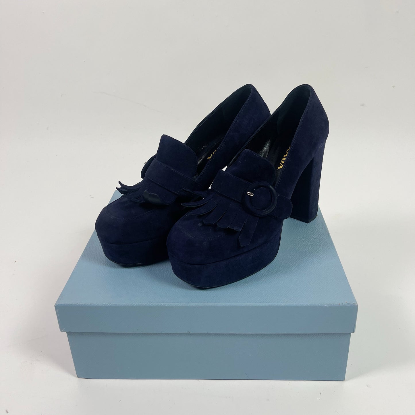 Prada Navy Blue Suede Fringe Platform Loafer Pumps