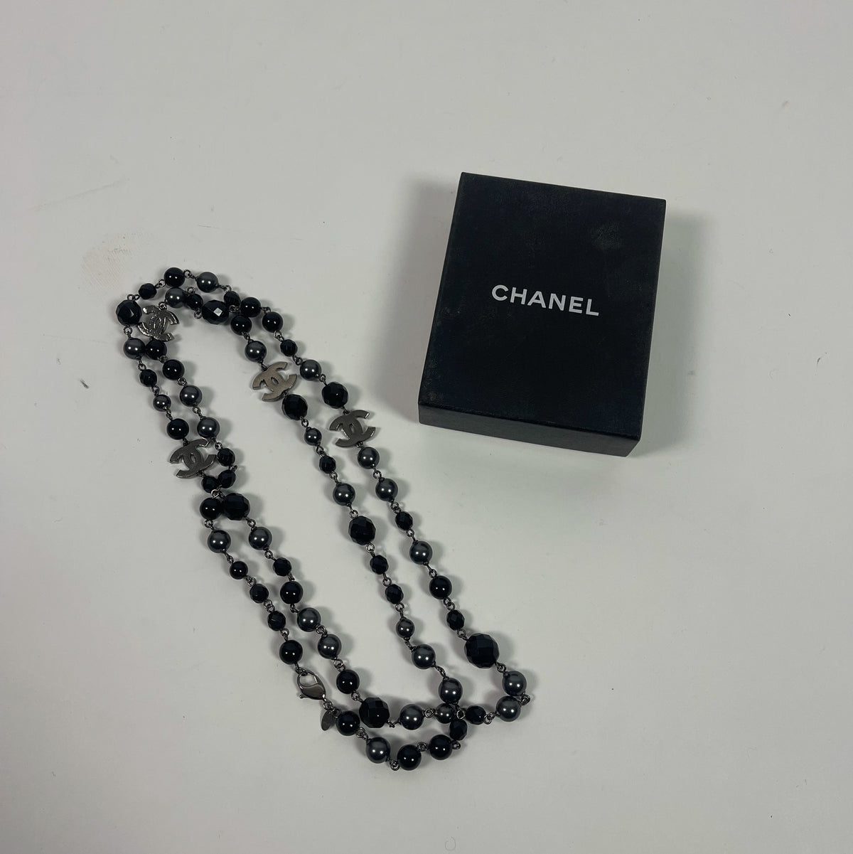 CHANEL coco black and silver long necklace