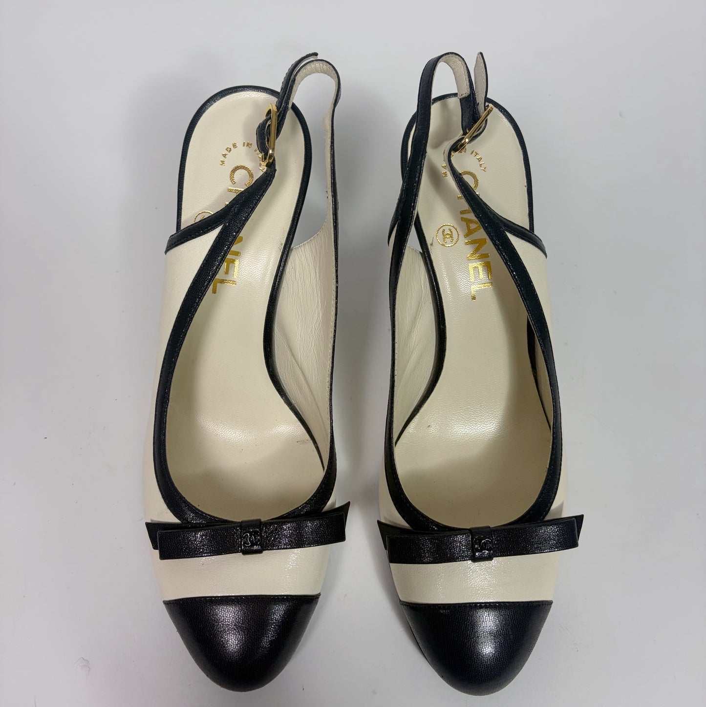 Chanel Black and Beige Cap-Toe Slingback Pumps