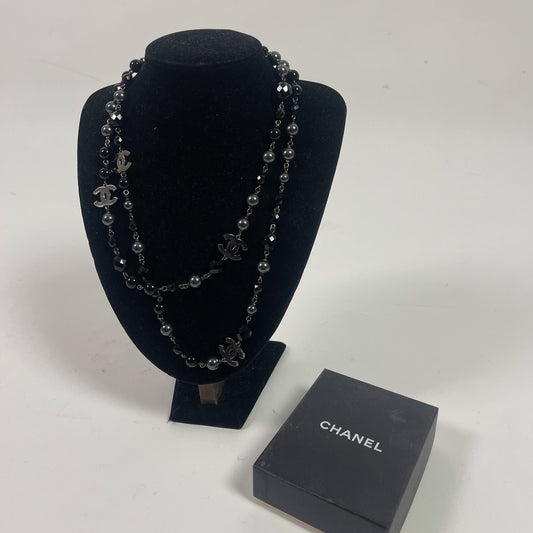 CHANEL coco black and silver long necklace