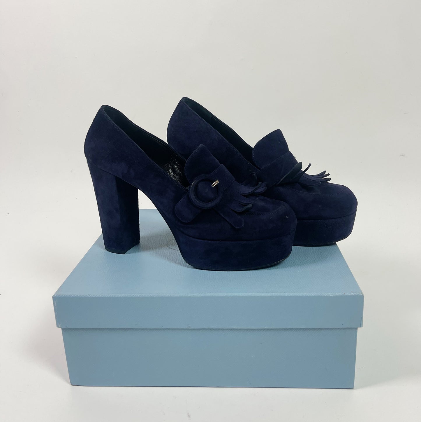 Prada Navy Blue Suede Fringe Platform Loafer Pumps
