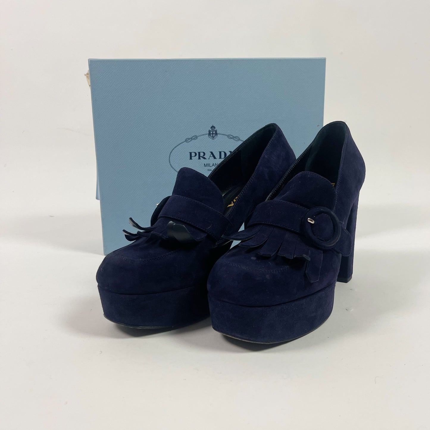 Prada Navy Blue Suede Fringe Platform Loafer Pumps