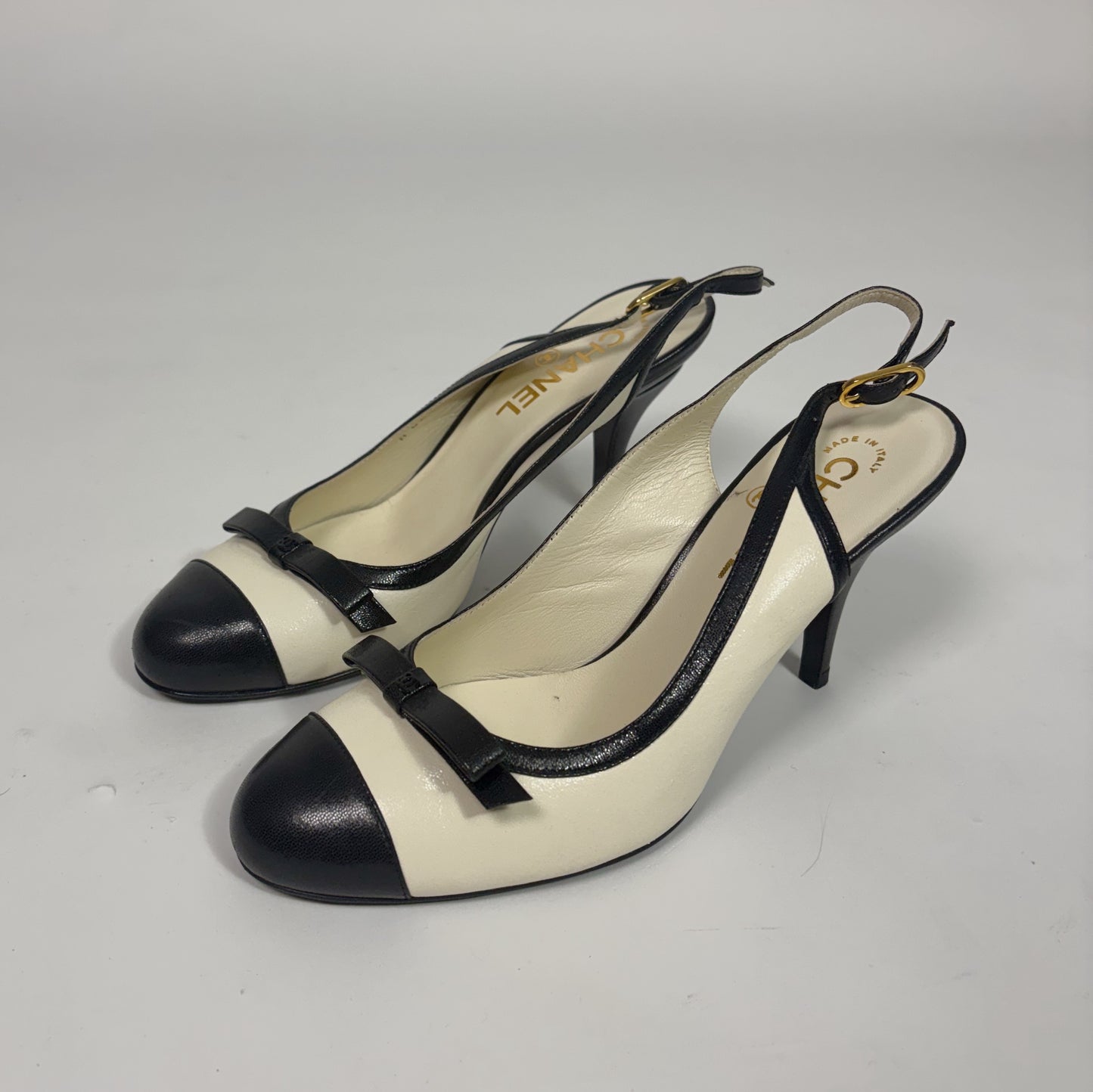 Chanel Black and Beige Cap-Toe Slingback Pumps