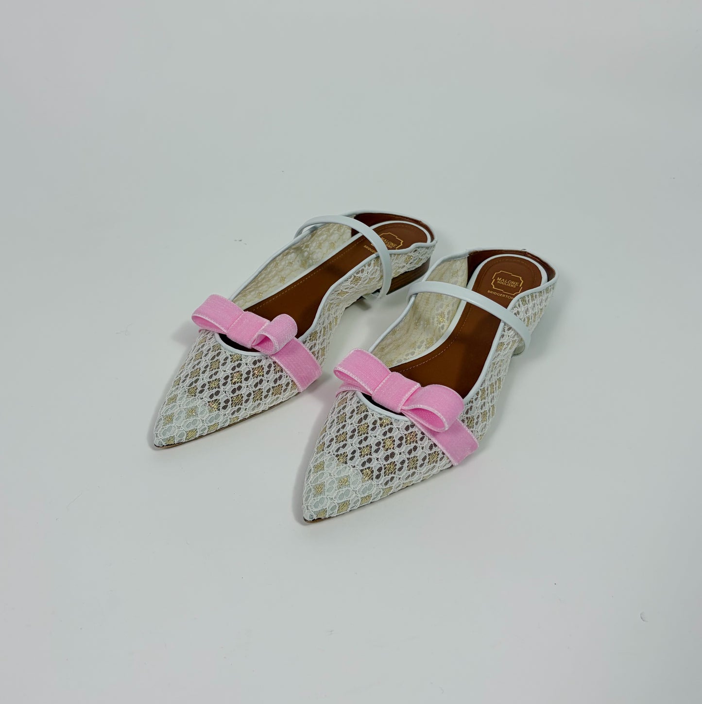 Malone Soulier White Lace Flat Sandals x Bridgerton