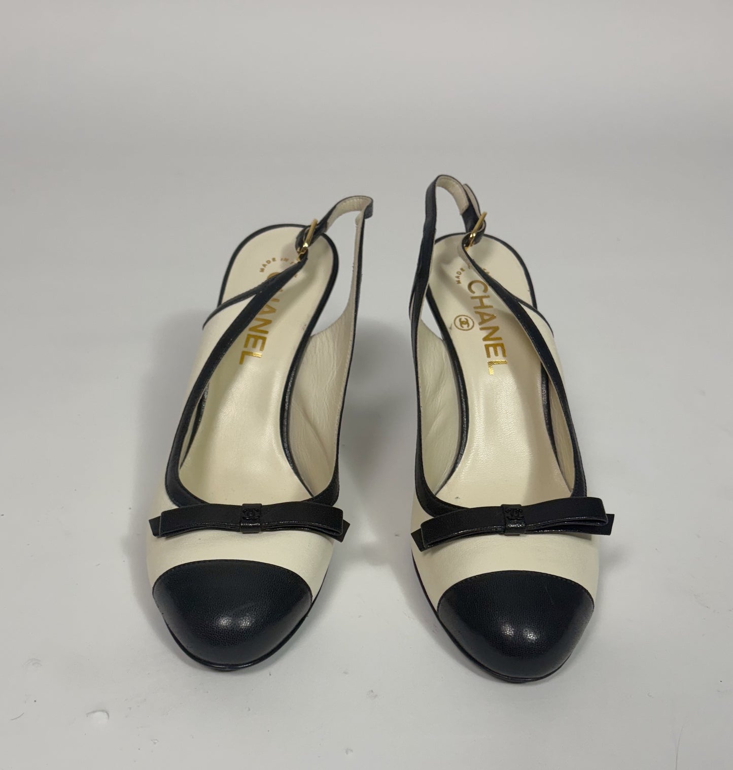 Chanel Black and Beige Cap-Toe Slingback Pumps