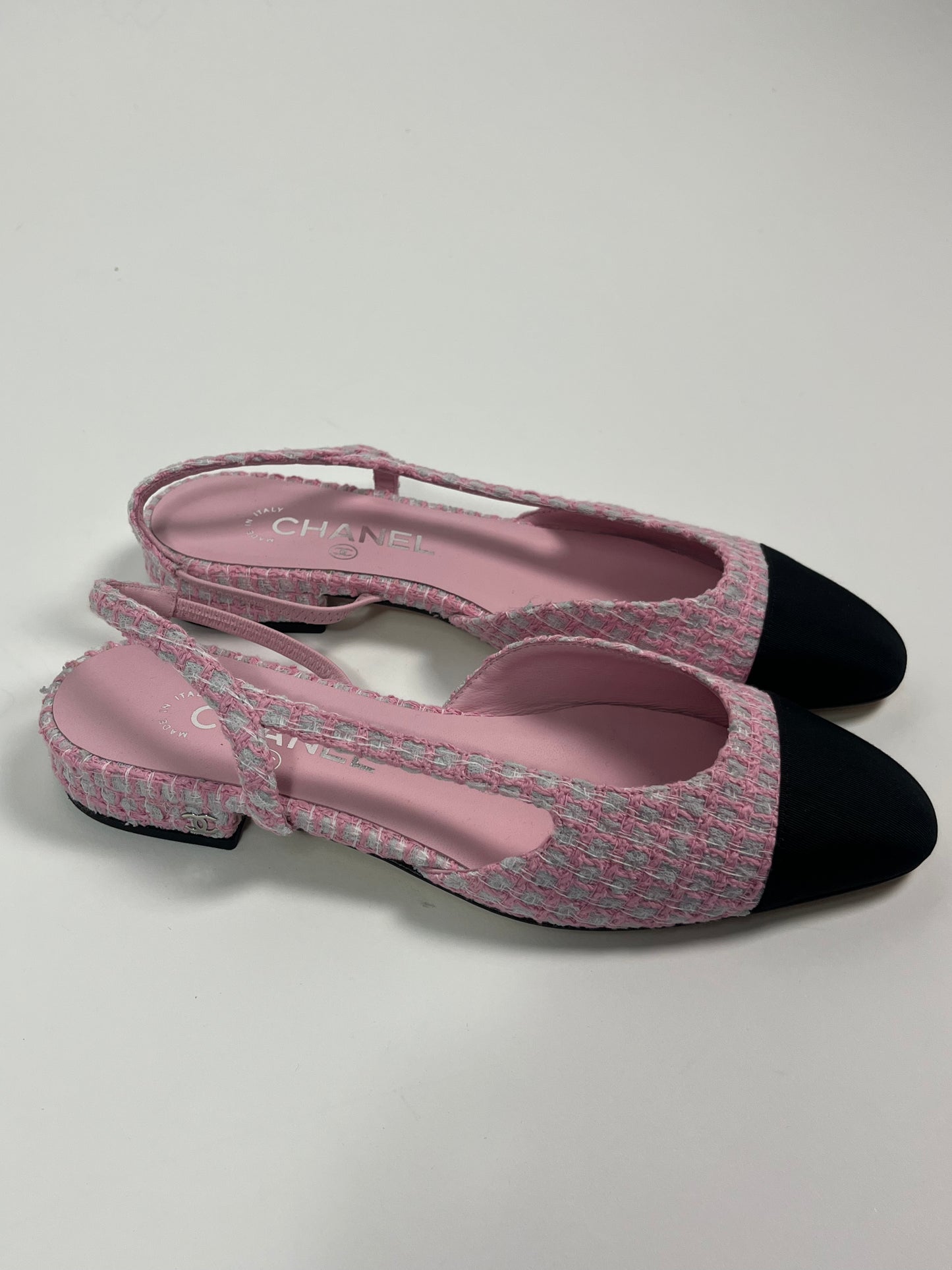 CHANEL pink fantasy tweed slingbacks size 37.5