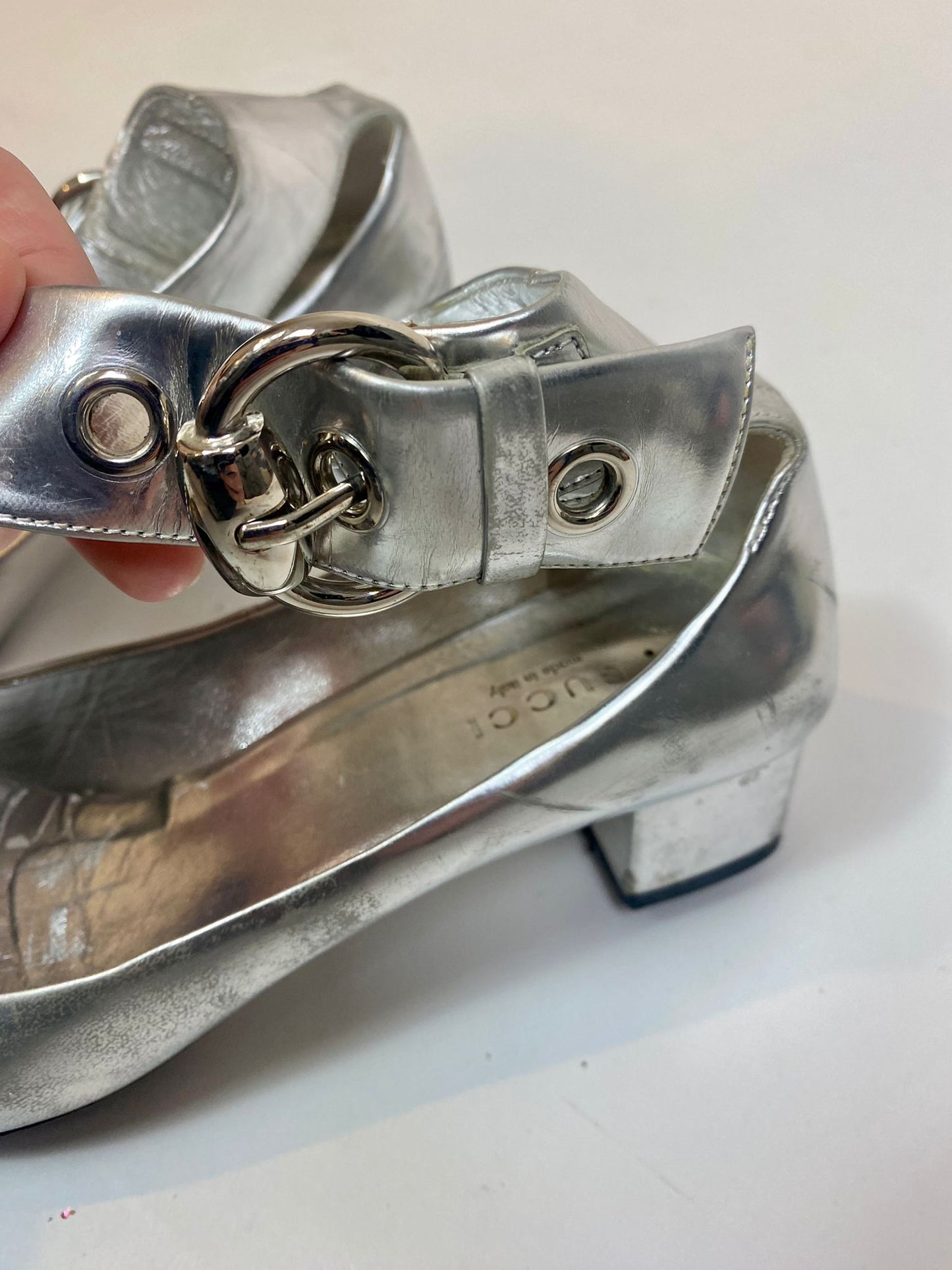 Gucci ankle strap silver heels